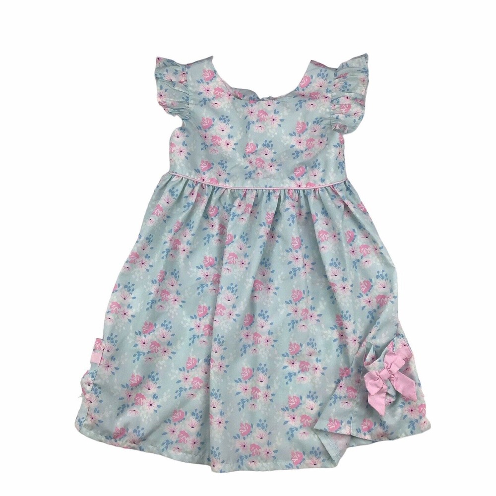 Sugar Dumplin' Blue & Pink Floral Dress Open Back Ruffles Girls 6T W/ Pockets